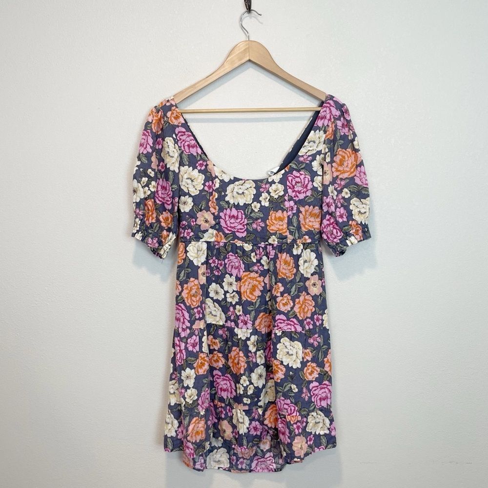 Kivari Linen Grey Floral Knot Open Back Mini Dress Resortwear Boho Size 10